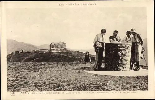 Ak Superbagnères Luchon Haute Garonne, La Table d'orientation et le Grand Hotel