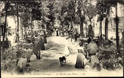 Ak Tours Indre-et-Loire, Le Marché aux Fleurs, Le Boulevard Béranger