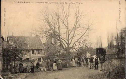 Ak Gilles Eure et Loir, Chateau des Allumettes et Carrefour Tricot