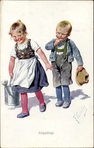 Künstler Ak Feiertag, Karl, Zwei Kinder in Trachten, Gießkanne, BKWI 982 4