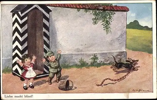Künstler Ak Hoffmann, Ad., Kinder, Liebe macht blind, Dackel klaut Würste