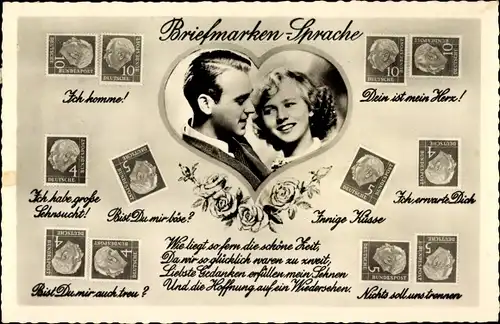 Ak Briefmarkensprache, Liebespaar, Herz, Wie liegt so fern die schöne Zeit, Amag 70325
