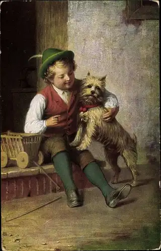 Künstler Ak Junge auf einer Treppenstufe mit einem Hund, Halsband, Hut, Spielzeugwagen