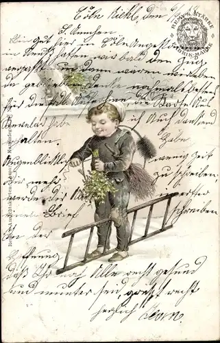 Ak Glückwunsch Neujahr, Schornsteigfeger mit Mistelzweigen, Remy's Stärke Fabrik Marke