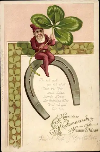 Präge Ak Glückwunsch Neujahr, Zwerg mit Kleeblatt, Hufeisen