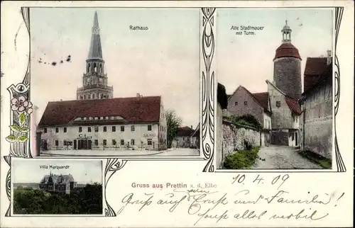 Ak Stadt Prettin Annaburg im Kreis Wittenberg, Stadtmauer, Turm, Rathaus, Villa Marquardt