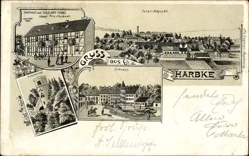Litho Harbke in Sachsen Anhalt, Gasthaus zum Goldenen Pudel, Schloss, Totalansicht