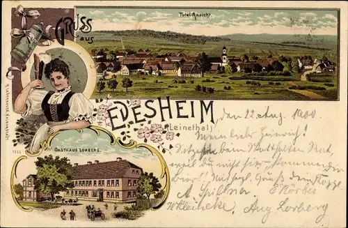 Litho Edesheim Northeim in Niedersachsen, Gasthaus Lorberg, Totalansicht