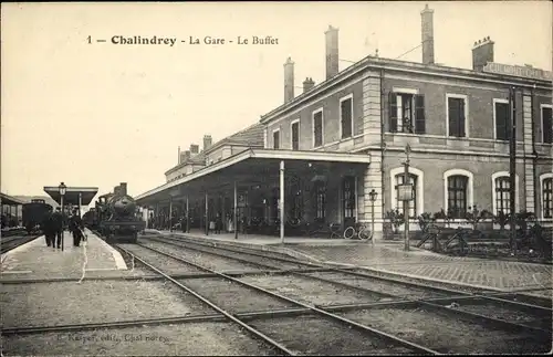 Ak Chalindrey Haute-Marne, La Gare, Gleisansicht, Le Buffet