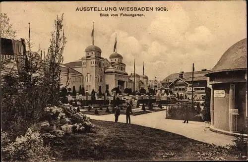 Ak Wiesbaden in Hessen, Ausstellung 1909, Blick vom Felsengarten