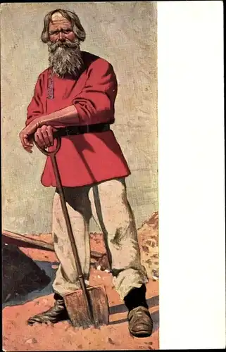 Künstler Ak Lüschwitz Koreffski, Trachten Russland, Russischer Bauer in roter Tunika