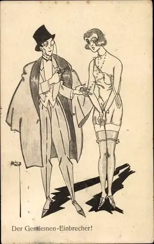 Künstler Ak Der Gentlemen Einbrecher, eleganter Mann, Frau in Unterwäsche, Busen