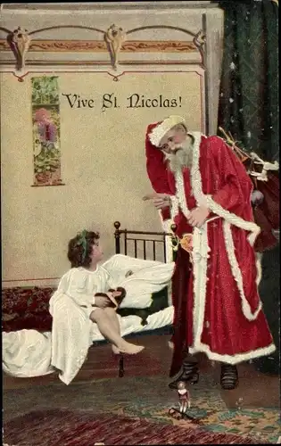 Ak Glückwunsch Weihnachten, Vive St. Nicolas, Weihnachtsmann, Kind im Bett