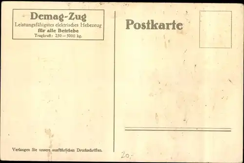 Ak Duisburg im Ruhrgebiet, Demag, Zug, elektrisches Hebezeug, Steinzeit, Reklame