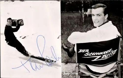 Ak Schauspieler und Skirennläufer Toni Sailer, Portrait auf Skiern mit Akkordeon, Der schwarze Blitz