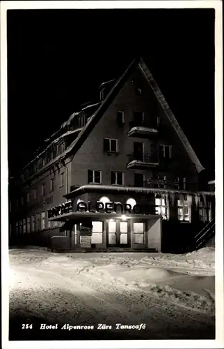 Ak Zürs Vorarlberg, Hotel Alpenrose, Tanzcafé bei Nacht, Winter
