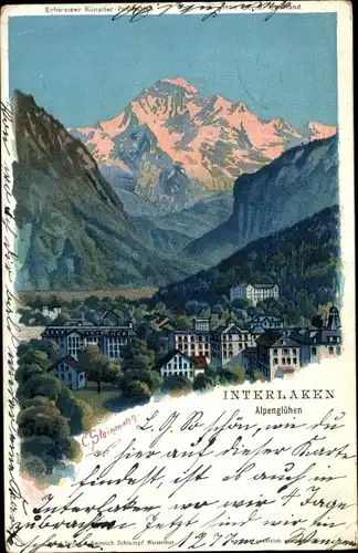 Künstler Litho Steinmann, C., Interlaken Kt. Bern, Ort, Alpenglühen