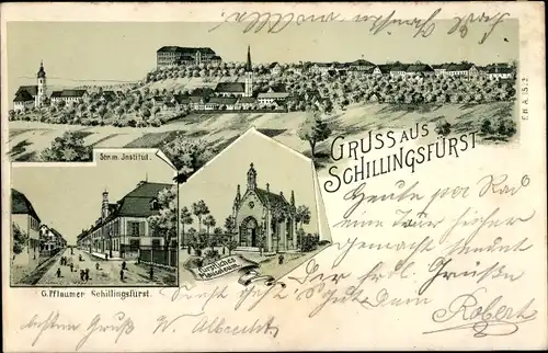Litho Schillingsfürst in Mittelfranken, Mausoleum, Institut, Blick auf den Ort