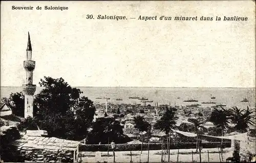 Ak Saloniki Griechenland, Aspect d'un minaret dans la banlieue