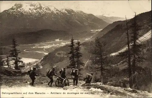Ak Schweizer Armee, Gebirgsartillerie auf dem Marsche, Artillerie de montagne en marche