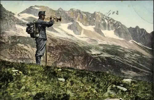 Ak Schweizer Armee, Gefechtsabbruch im Gebirge, Cessation de combat, Trompeter gibt Signal