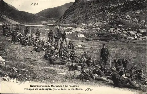 Ak Schweizer Armee, Gebirgstruppen, Marschhalt im Gebirge, Troupes de montagne, Halte