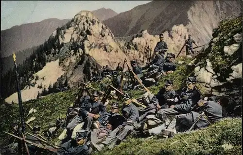 Ak Schweizer Armee, Gebirgstruppen, Rast im Hochgebirge, Repos dans les alpes