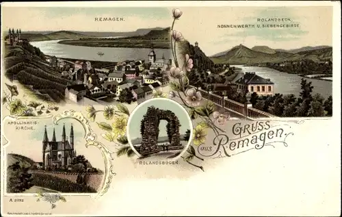 Litho Remagen im Kreis Ahrweiler, Apollinariskirche, Rolandsbogen, Rolandseck, Nonnenwerth