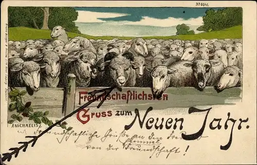 Litho Glückwunsch Neujahr, Schafe auf einer Wiese
