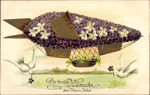 Präge Ak Glückwunsch Neujahr, Ballon, Tauben, Veilchen
