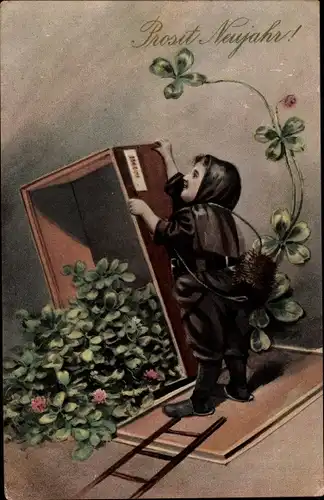 Ak Glückwunsch Neujahr, Schornsteinfeger, Box mit Glücksklee