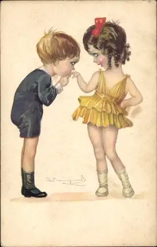 Künstler Ak Junge küsst Hand seiner Freundin, Liebe, Liebespaar