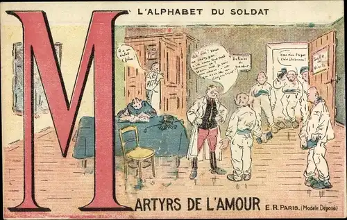 Buchstaben Ak M, Alphabet du Soldat, Martyrs de l'Amour, französische Soldaten