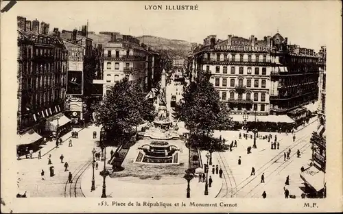 Ak Lyon Rhône, Place de la Republique et le Monument Carnot
