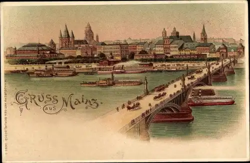 Litho Mainz am Rhein, Panorama, Brücke, Schiffe