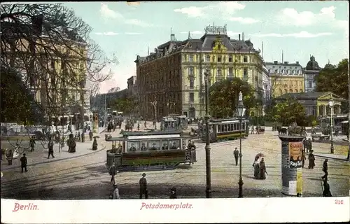 Ak Berlin Tiergarten, Potsdamer Platz, Straßenbahn, Litfaßsäule, Palast Hotel