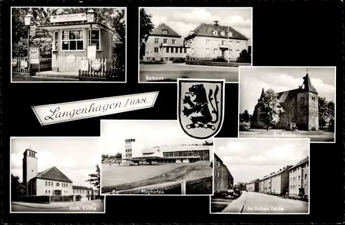 Ak Langenhagen in Niedersachsen, Rathaus, Kirche, Flughafen, Im hohen Felde, Wappen