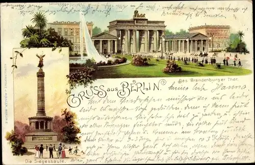 Litho Berlin Tiergarten, Die Siegessäule, Brandenburger Tor