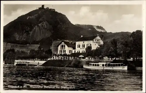 Ak Rhöndorf Bad Honnef am Rhein, Rheinhotel Bellevue mit Drachenfels, Außenansicht