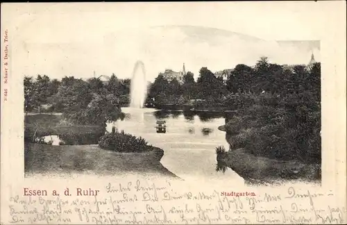 Ak Essen im Ruhrgebiet, Stadtgarten, See, Fontäne