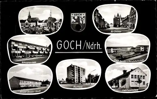 Ak Goch am Niederrhein, Markt, Am Steintor, Liebfrauenschule, Hochhaus, Schwesternheim, Wappen