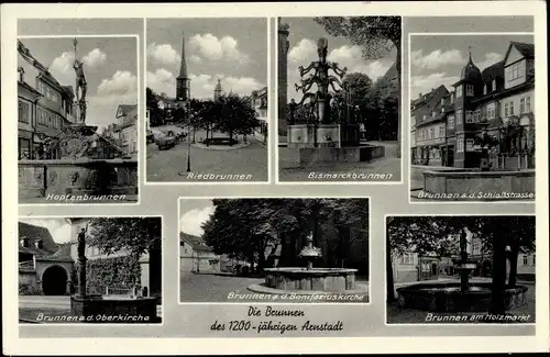 Ak Arnstadt in Thüringen, Brunnen, Hopfenbrunnen, Riedbrunnen, Bismarckbrunnen, Holzmarkt