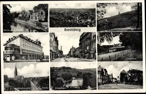 Ak Gevelsberg im Ruhrgebiet, Ehrenmal, Forsthaus, Mittelstraße, Strandbad, Handelshof, Sparkasse