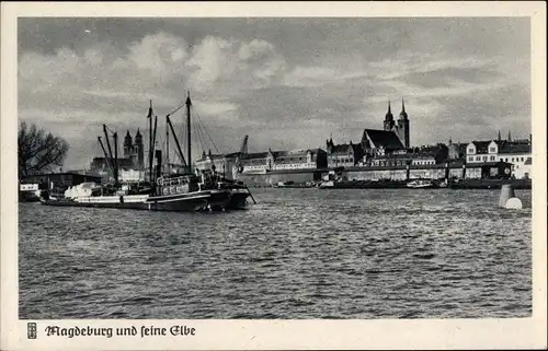 Ak Magdeburg an der Elbe, Elbufer, Segelschiff