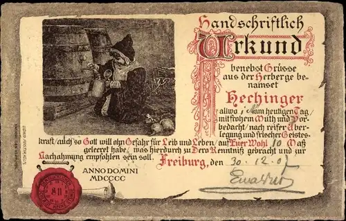 Ak Freiburg im Breisgau, Herberge Hechinger, Urkunde, Kindl mit Bierkrug