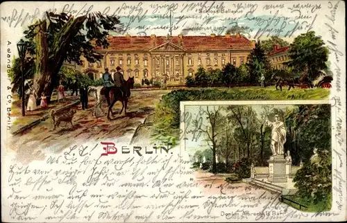 Litho Berlin Tiergarten, Schloss Bellevue, Denkmal Albrecht d. Bär