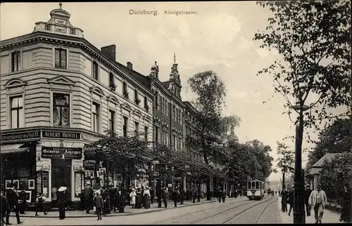 Ak Duisburg im Ruhrgebiet, Königstraße, Straßenbahn, Geschäft Albert Montel, General Anzeiger