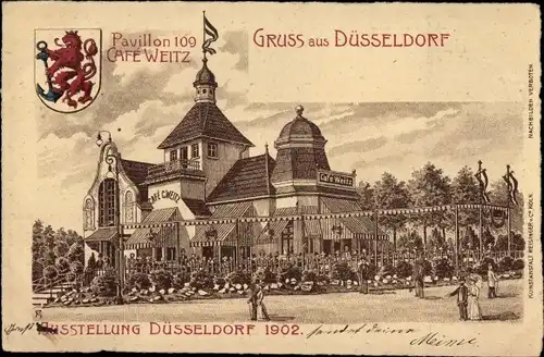 Ak Düsseldorf am Rhein, Ausstellung Düsseldorf 1902, Cafe Weitz, Passanten, Wappen