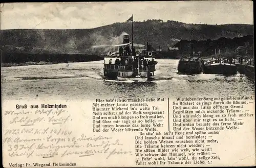 Ak Holzminden an der Weser, Dampfschiff, Personenschifffahrt, Weserlied