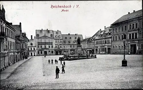 Ak Reichenbach im Vogtland, Geschäfte und Gasthöfe am Markt, Denkmal